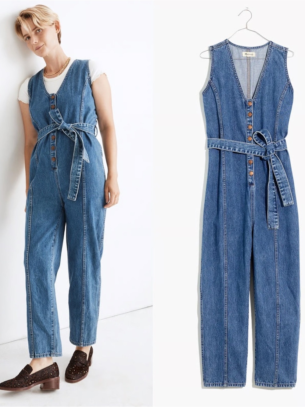 Madewell Sleeveless Tie Waist Denim Jumpsuit in Belvoir Wash
